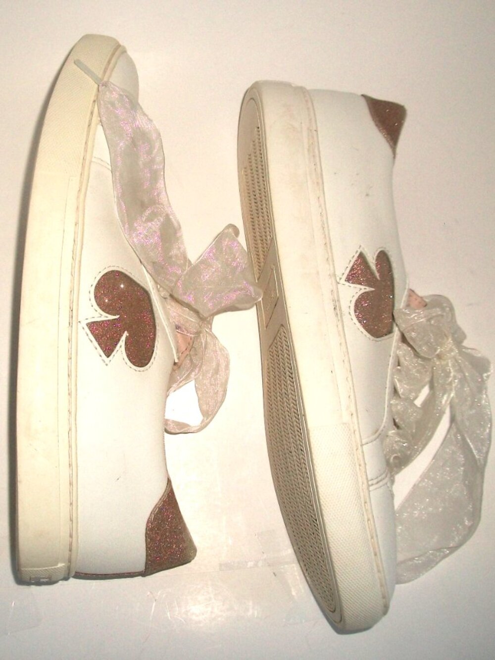 Kate Spade "Fez" White Sneakers w Gold Spades on Sides & Ribbon Laces